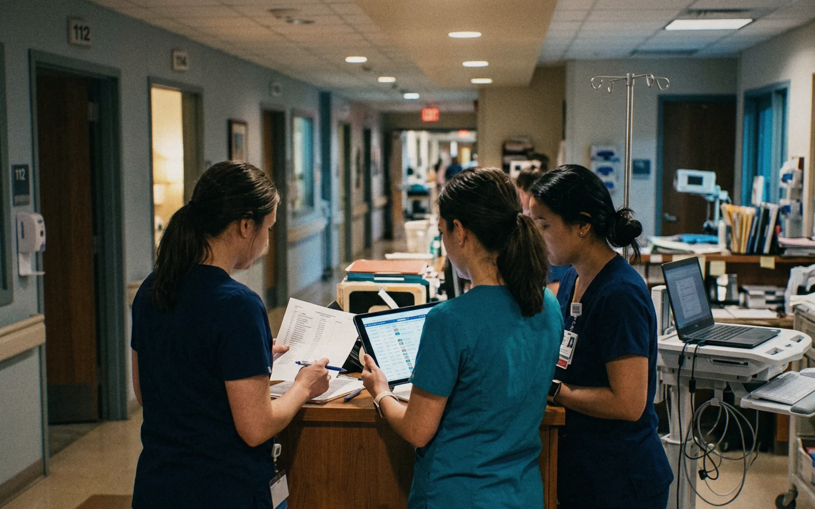 Nurses reviewing the patient list together at shift change